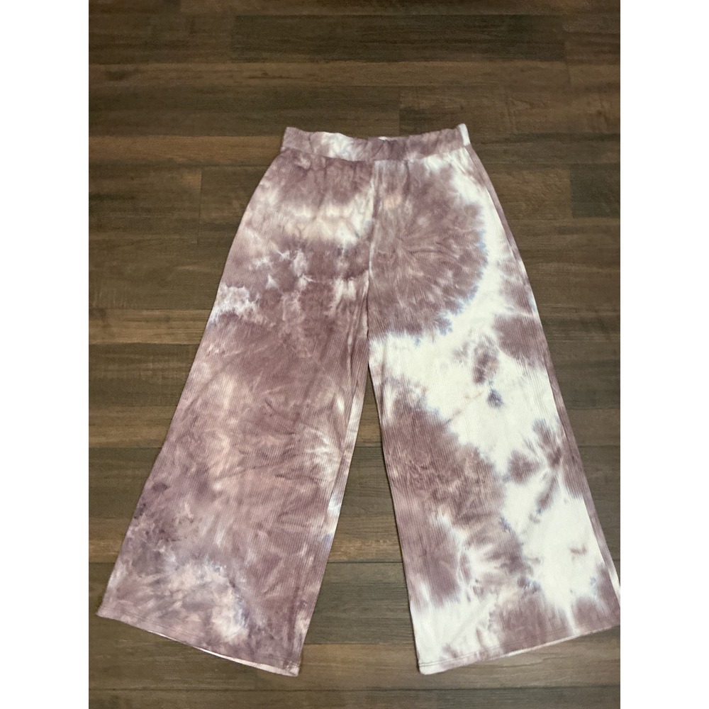 Dressed in LALA Tie Dye Wide Leg Pants Mauve Ribbed Knit High Waist Large